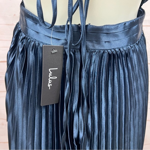 Lulu's Navy Satin Pleated Maxi Dress with Lace-Up Back - Picture 7 of 13
